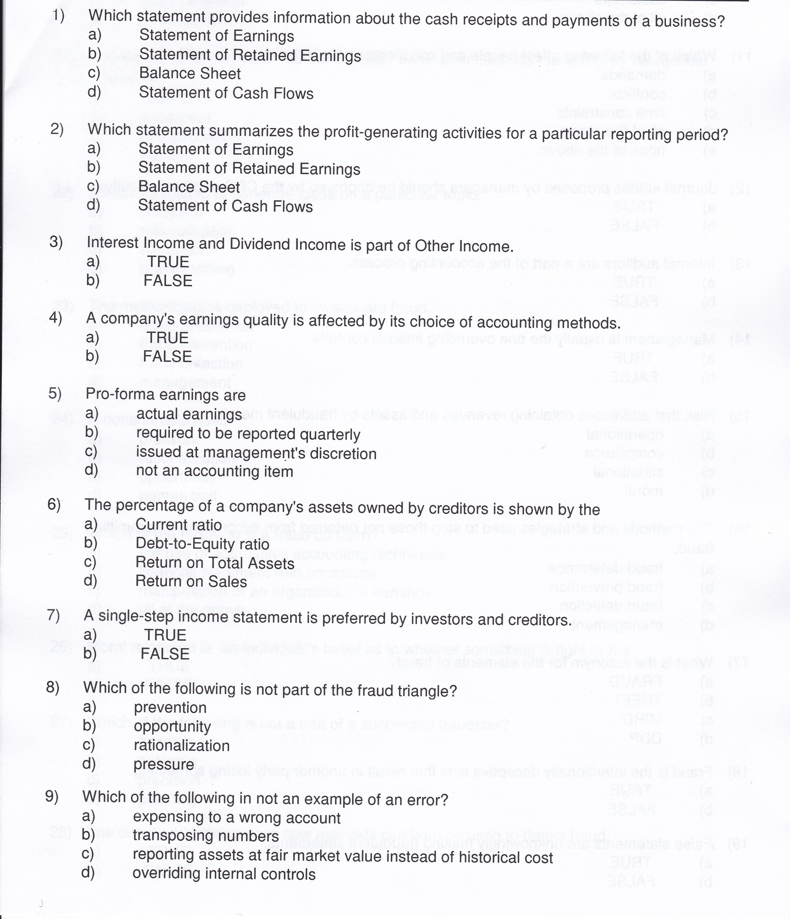 9) Which statement provides information about the cash receipts and payments of