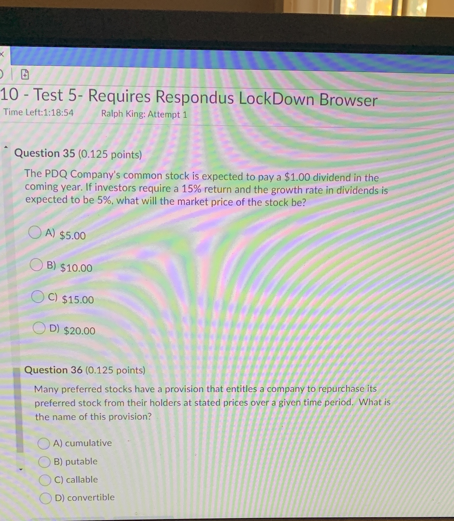  10 - Test 5- Requires Respondus LockDown Browser Time Left:1:18:54 Ralph