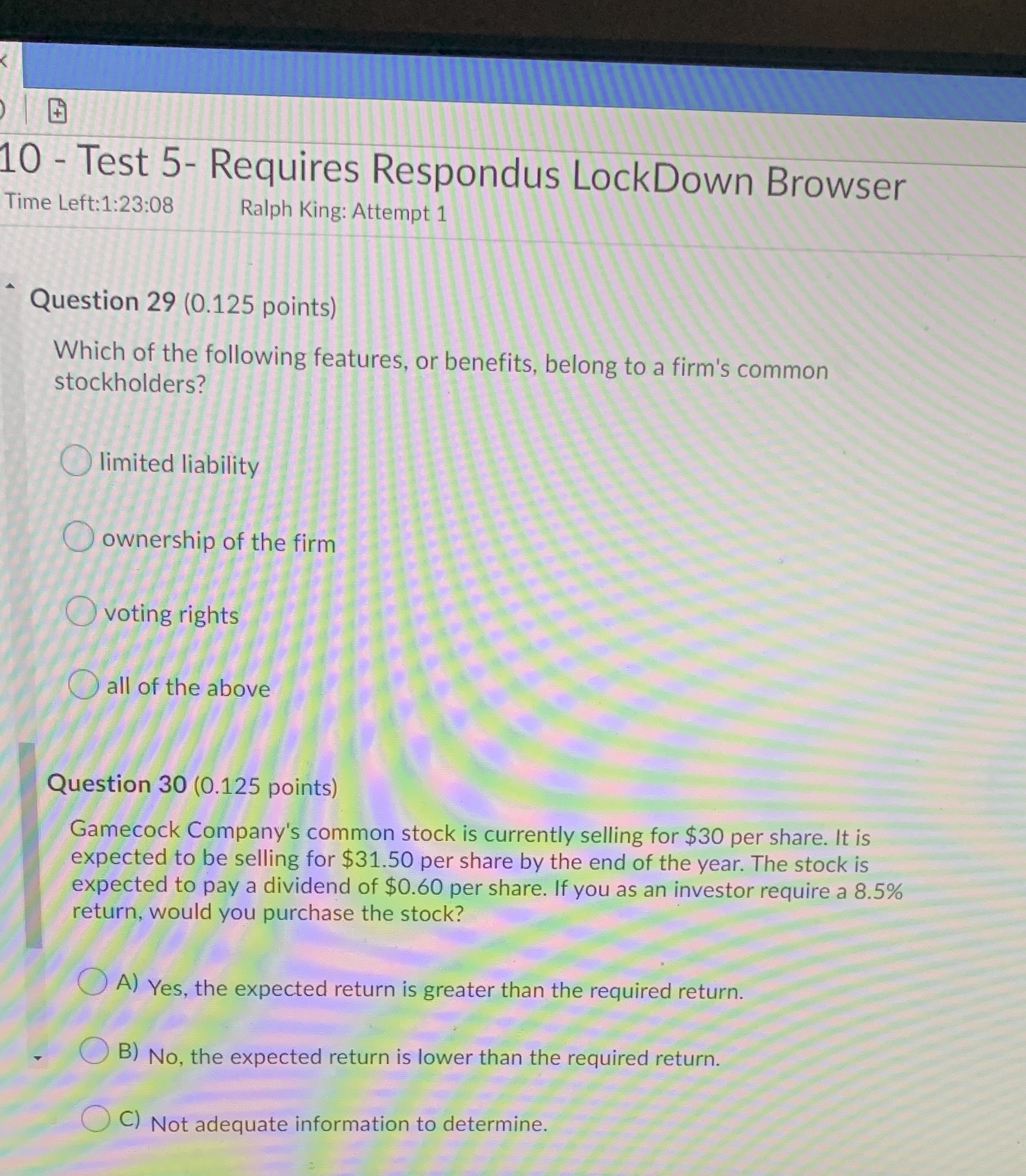 10 - Test 5- Requires Respondus LockDown Browser Time Left:1:23:08 Ralph