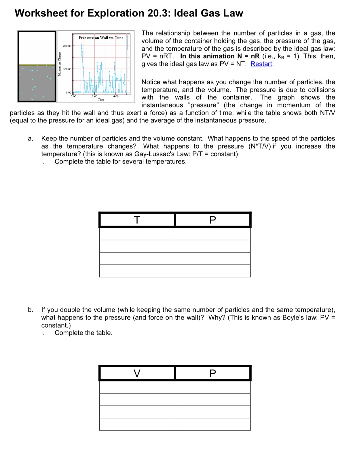 https://www.compadre.org/Physlets/thermodynamics/ex20_3.cfmSolve please Worksheet for Exploration 20.3: Ideal Gas Law The relationship between