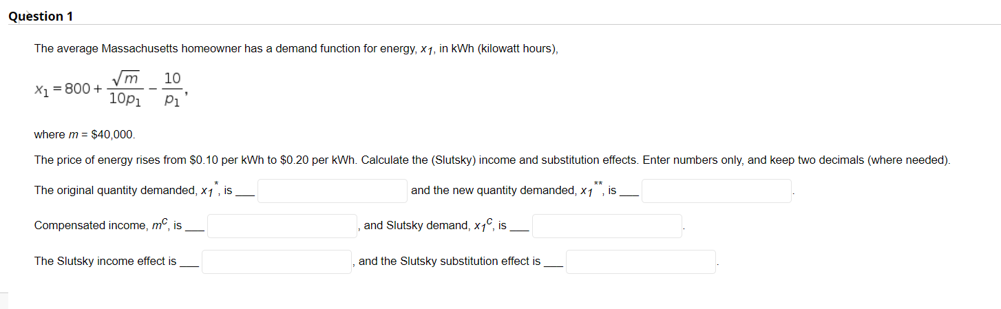 energy, x1, in KWh (kilowatt hours), 10 X1 = 800 + 10p1