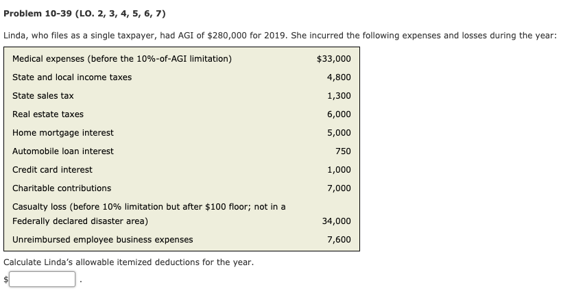 need help Problem 10-39 (LO. 2, 3, 4, 5, 6, 7) Linda,