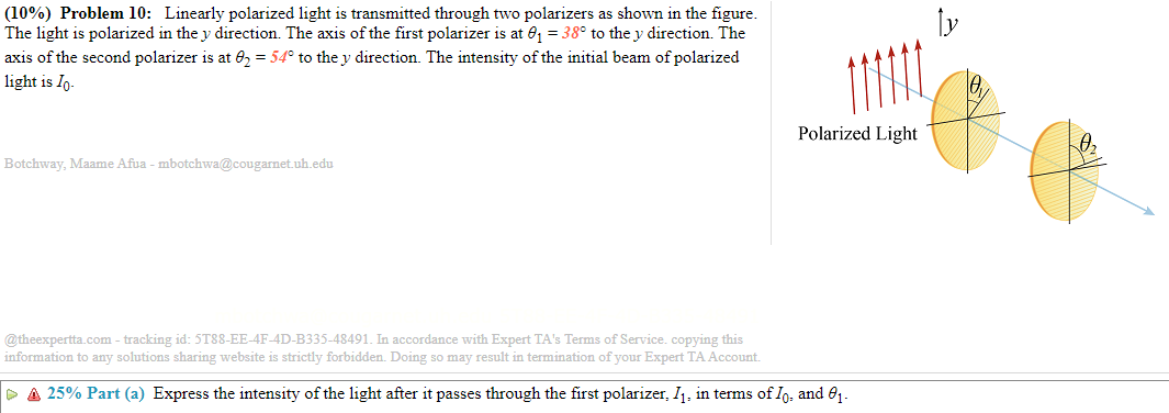 s the intensity of light transmitted through two polarizing filters with axes