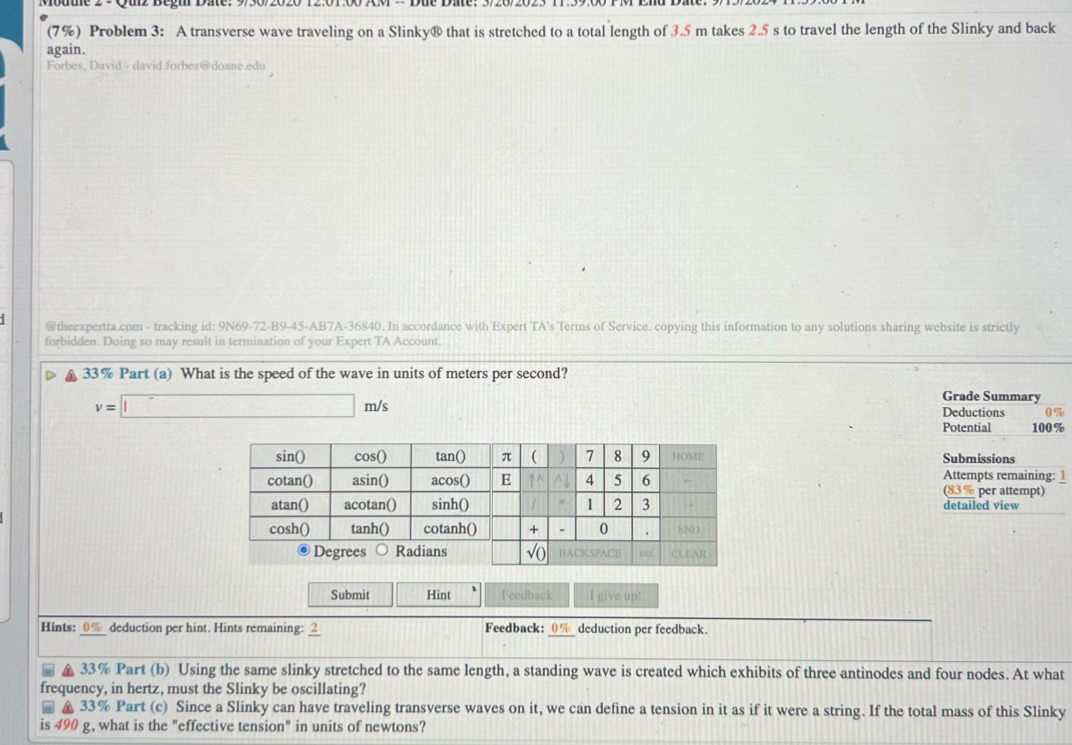 answer all part's please (7%) Problem 3: A transverse wave traveling on