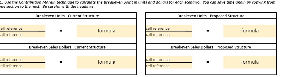 . ) Use the Contribution Margin technique to calculate the Breakeven
