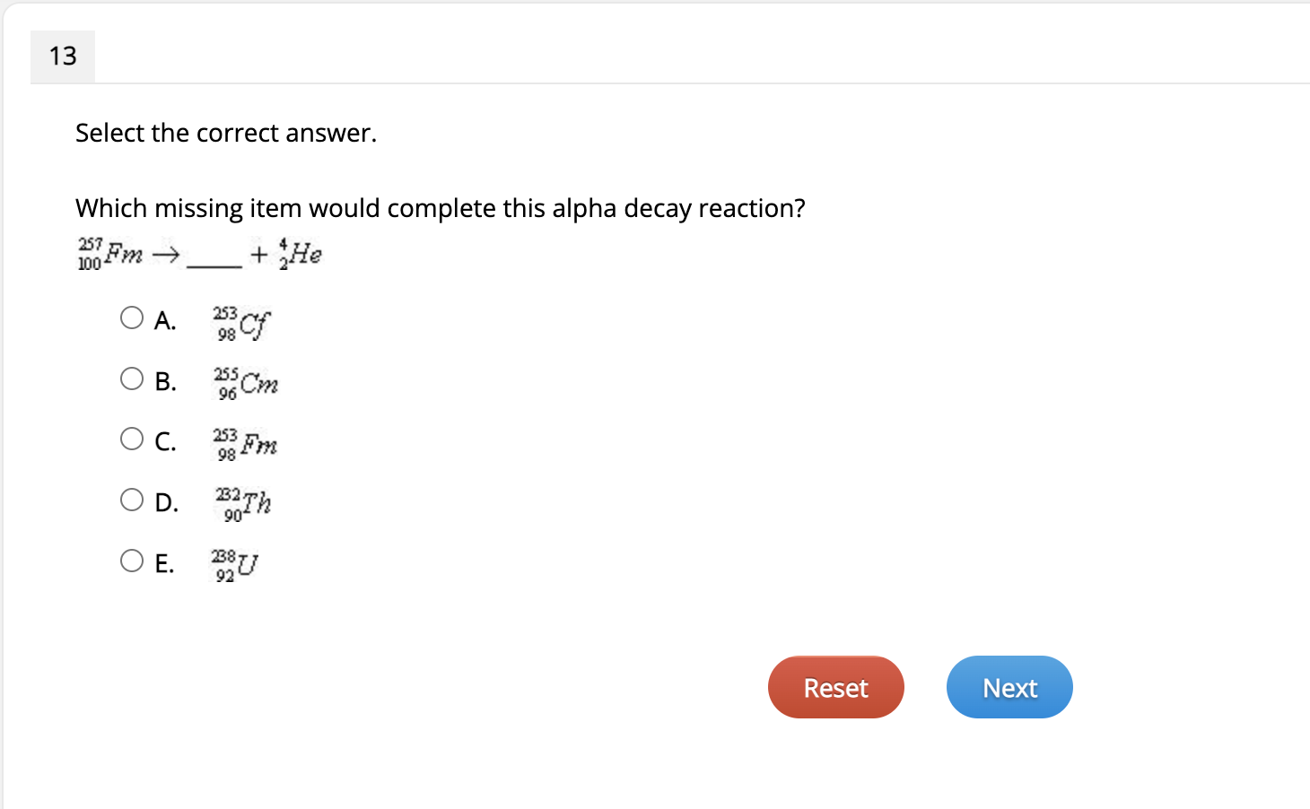 alpha decay reaction? Fm ) _ + EH9 O A. 2336')\" O