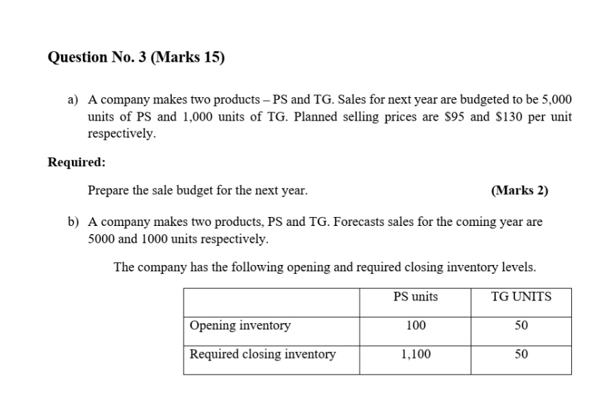 explanation Question No. 3 Marks 15) a) A company makes two products