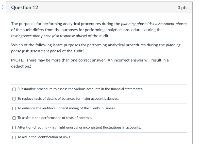 Question 12 3 pts The purposes for performing analytical procedures during