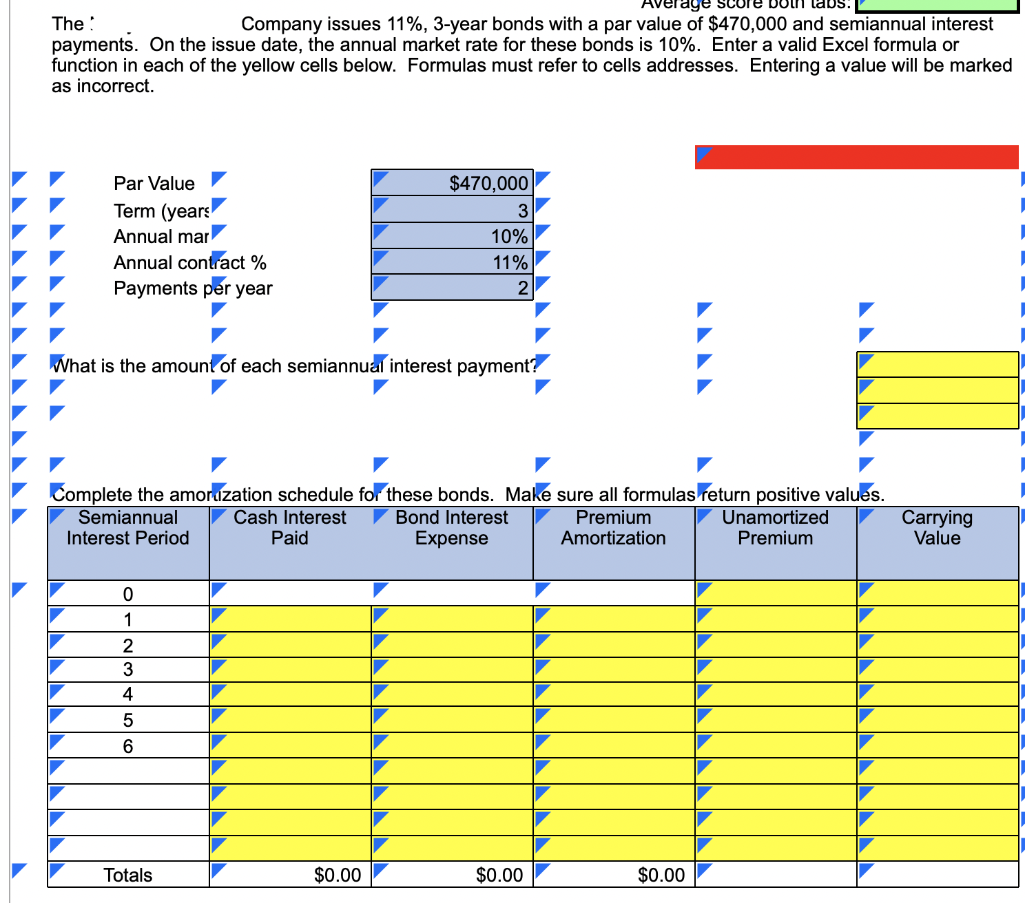 score. Each yellow cell requires a formula. The formula must only contain
