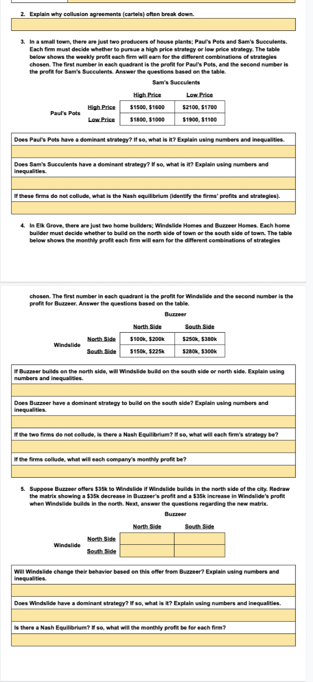  2. Explain why collusion agreements (cartels) often break down. 3. In