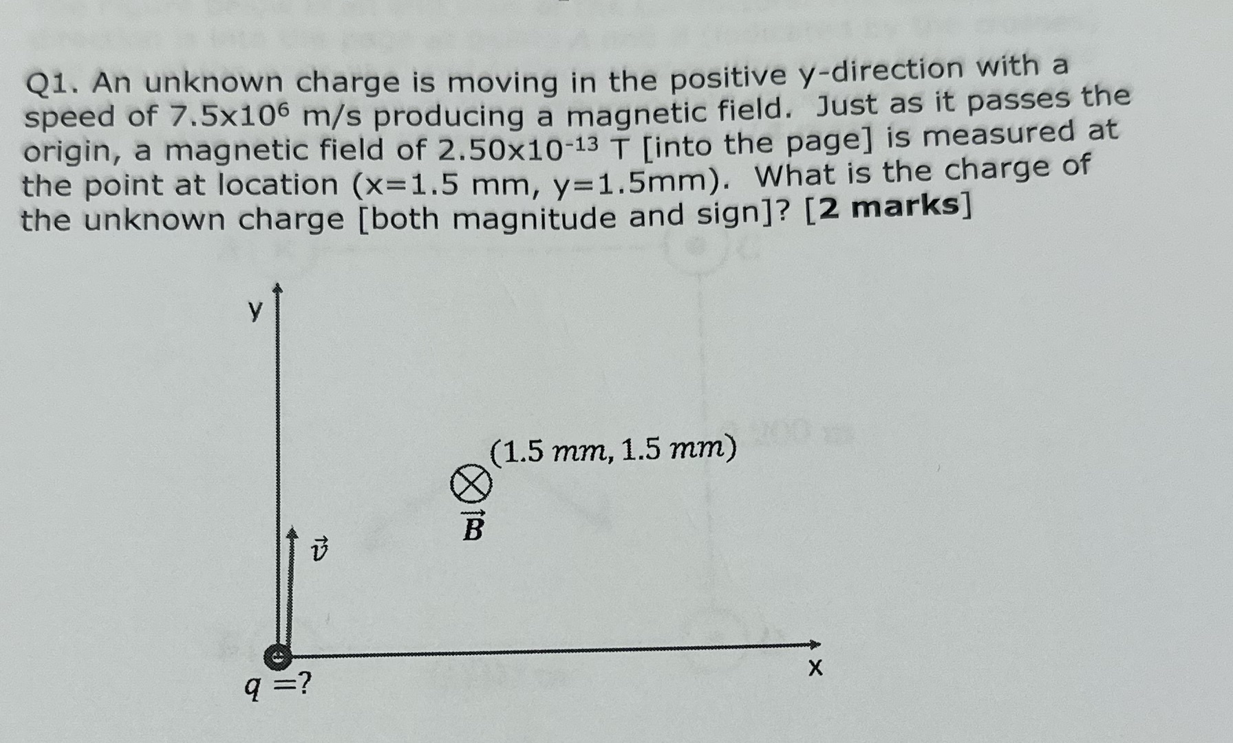 Please answer asap Q1. An unknown charge is moving in the positive