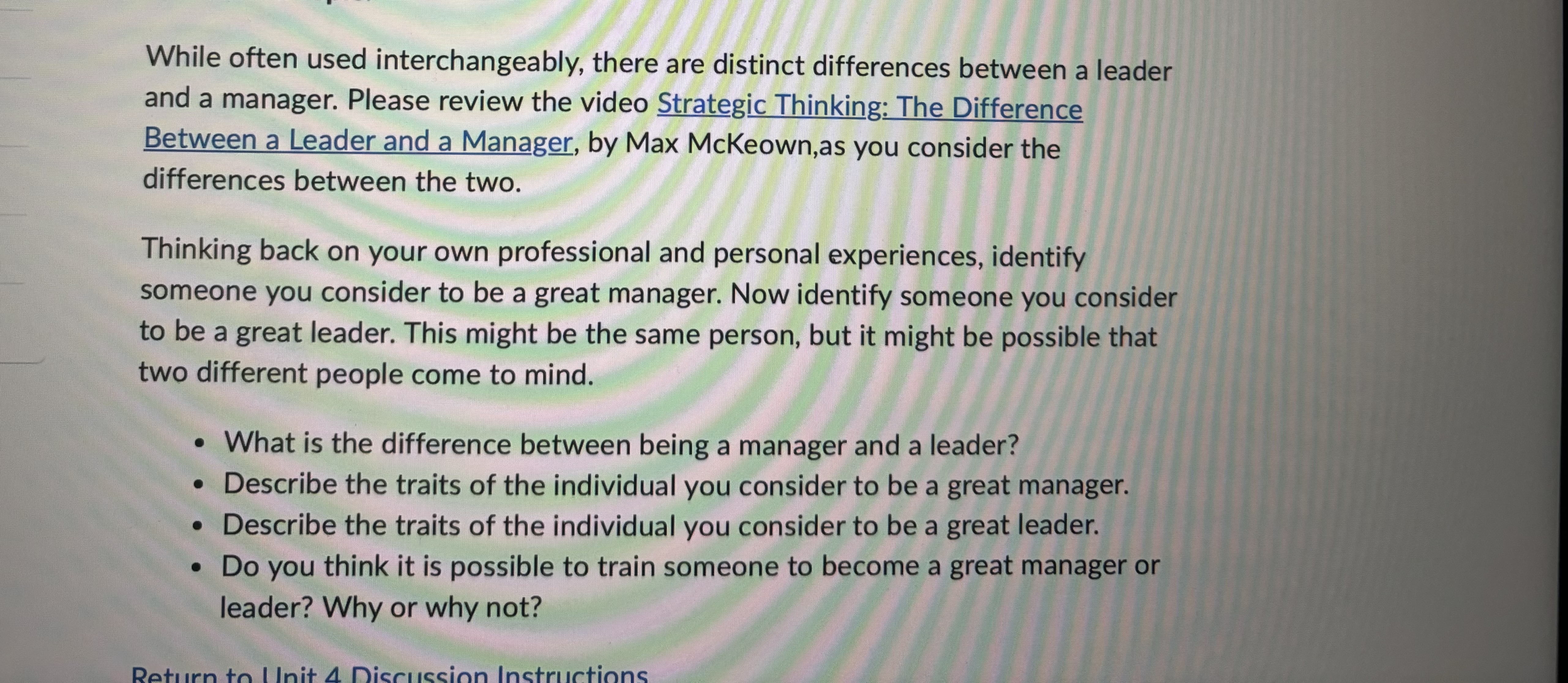 a Leader and a Manager, by Max Mckeown,as you consider the differences