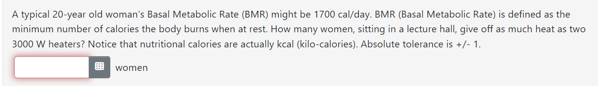 numbers of women, total power = n x 1700 cal / day