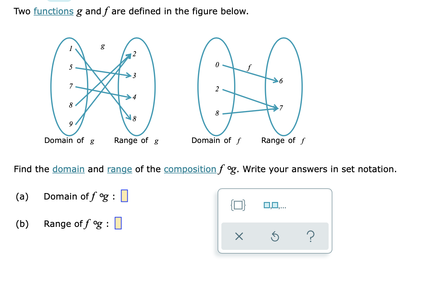 g Find the domain and range of the composition g of. Write