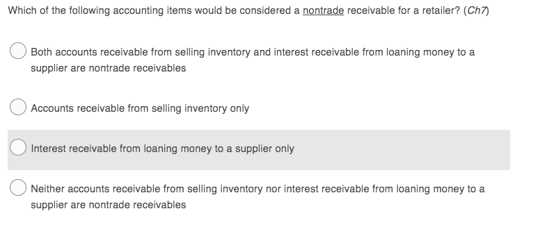 receivable for a retailer? (Ch7) O Both accounts receivable from selling inventory