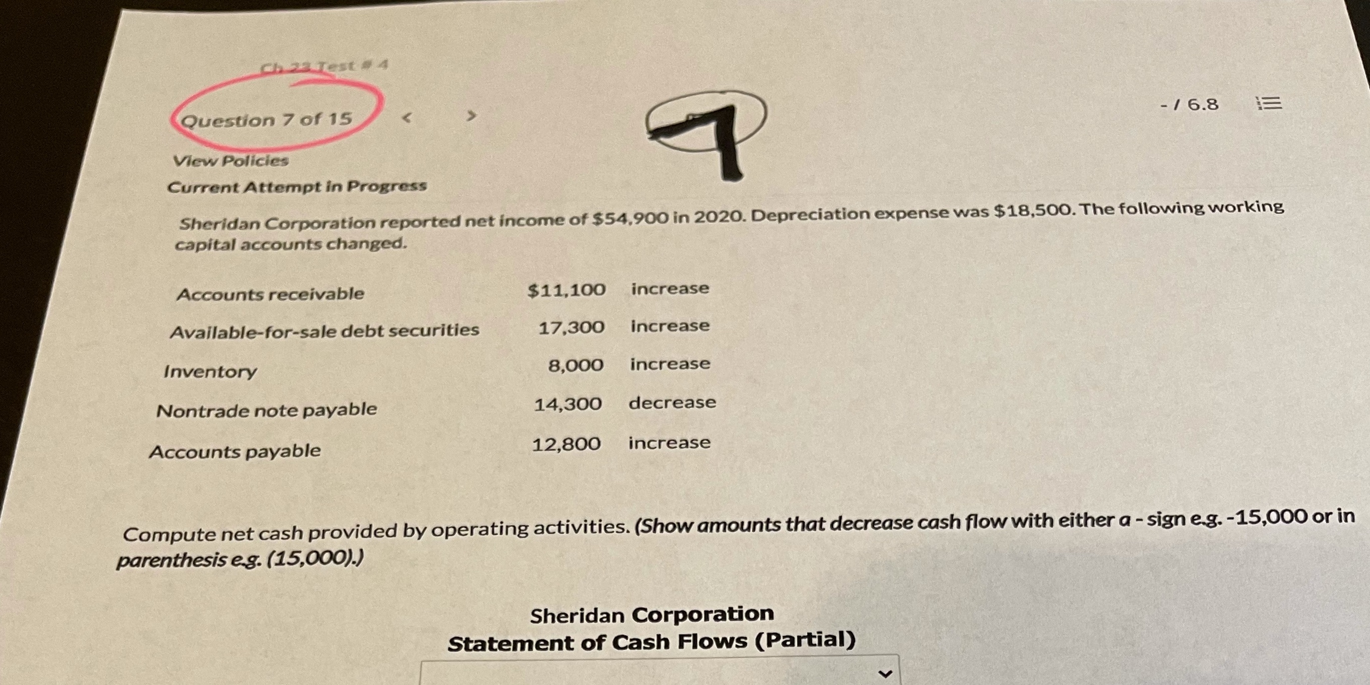 Compute net cash provided by operating activity? Ch.23 Test s 4 Question