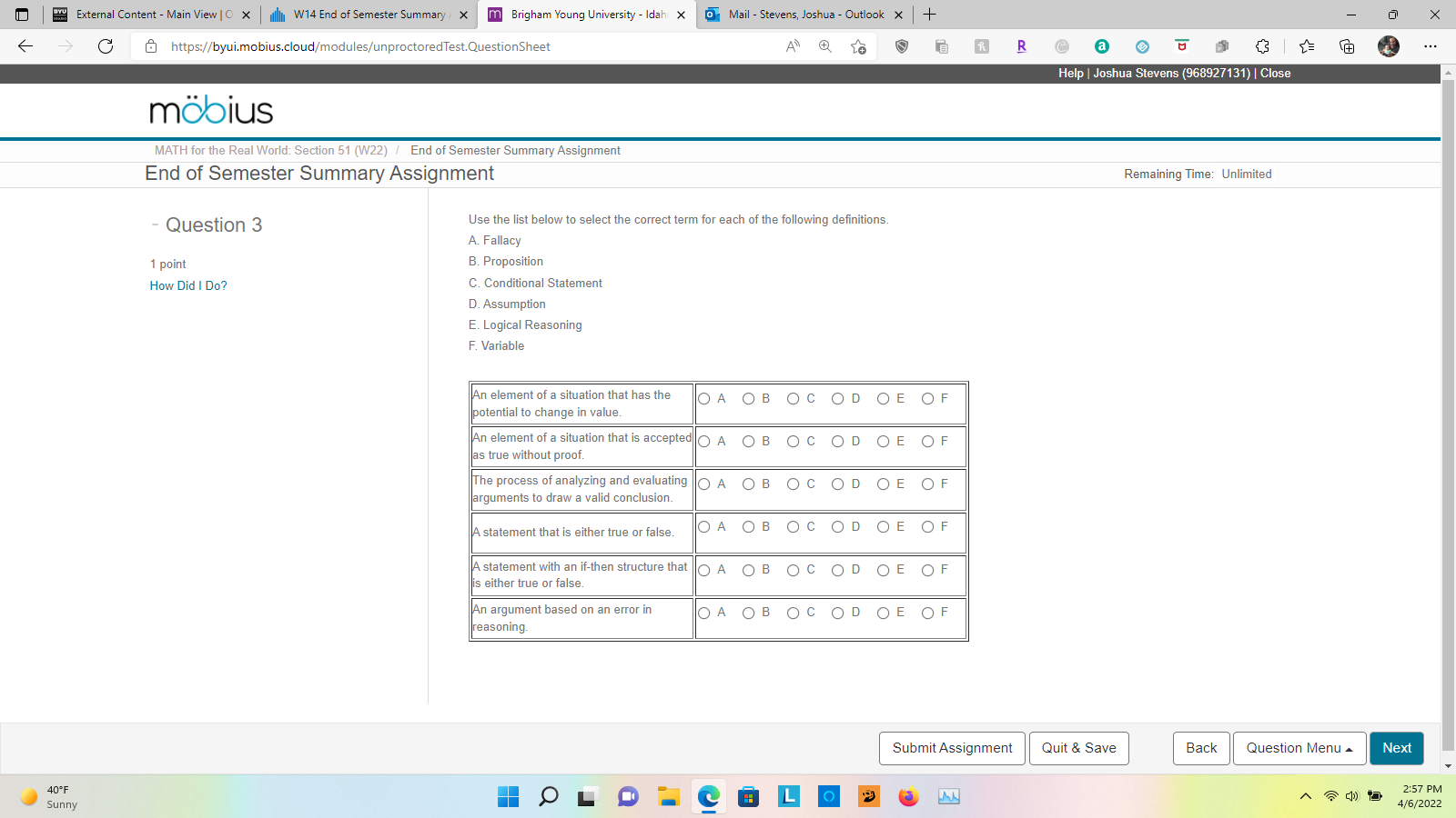 End of Semester Summary / X m Brigham Young University - Idah