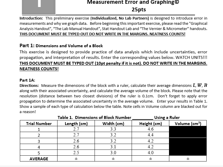 Measurement Error and Graphing @ 25pts Introduction: This preliminary exercise (Individualized,