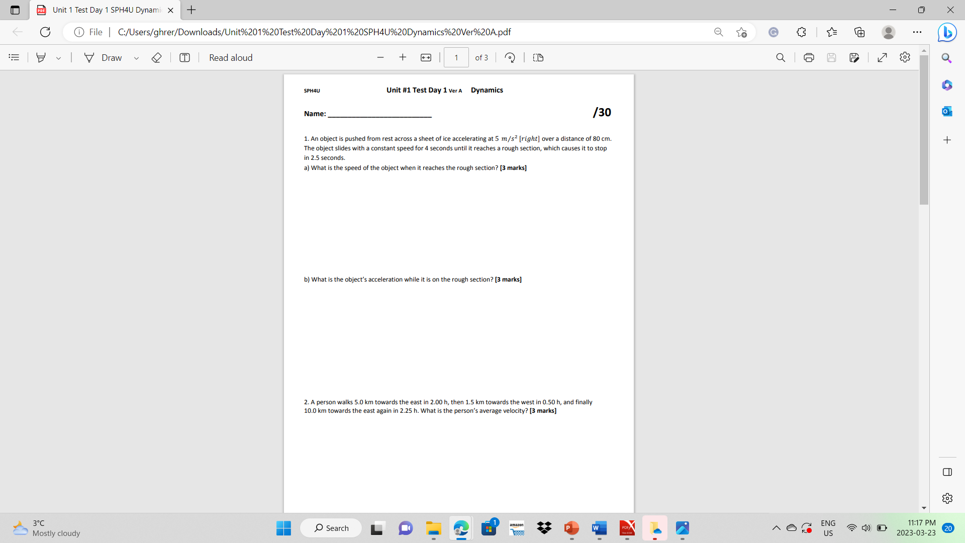aor Unit 1 Test Day 1 SPH4U Dynamic X + X