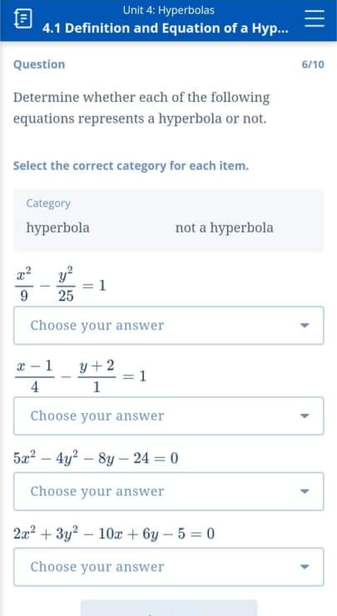 Category hyperbola not a hyperbola y2 = 1 25 Choose your answer