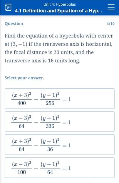 4.1 Definition and Equation of a Hyp... Question 7110 Classir the following