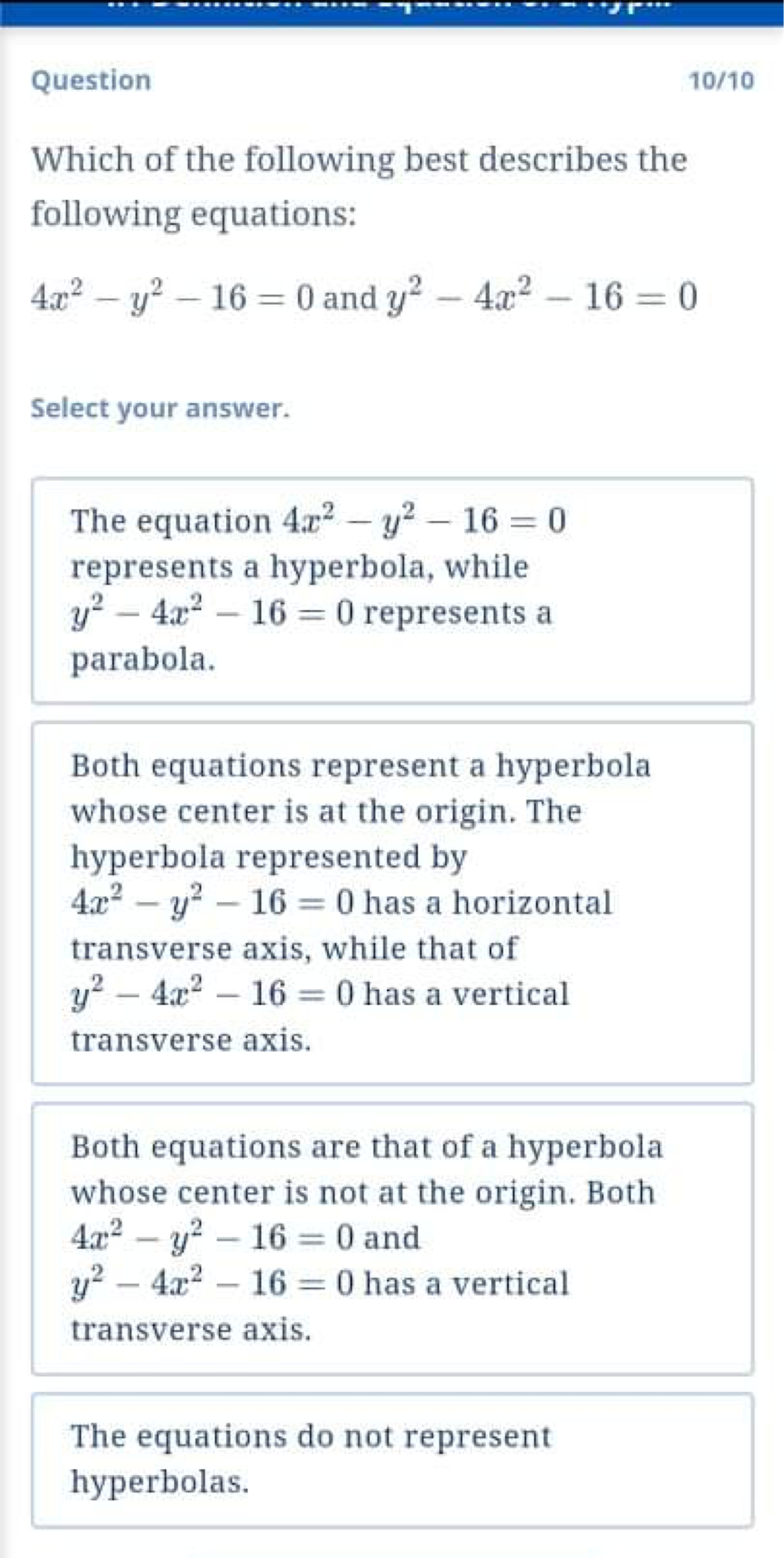 for each item. Category circle parabola ellipse hyperbole 332+4y2+12:n13y+1=0 \\ Choose your