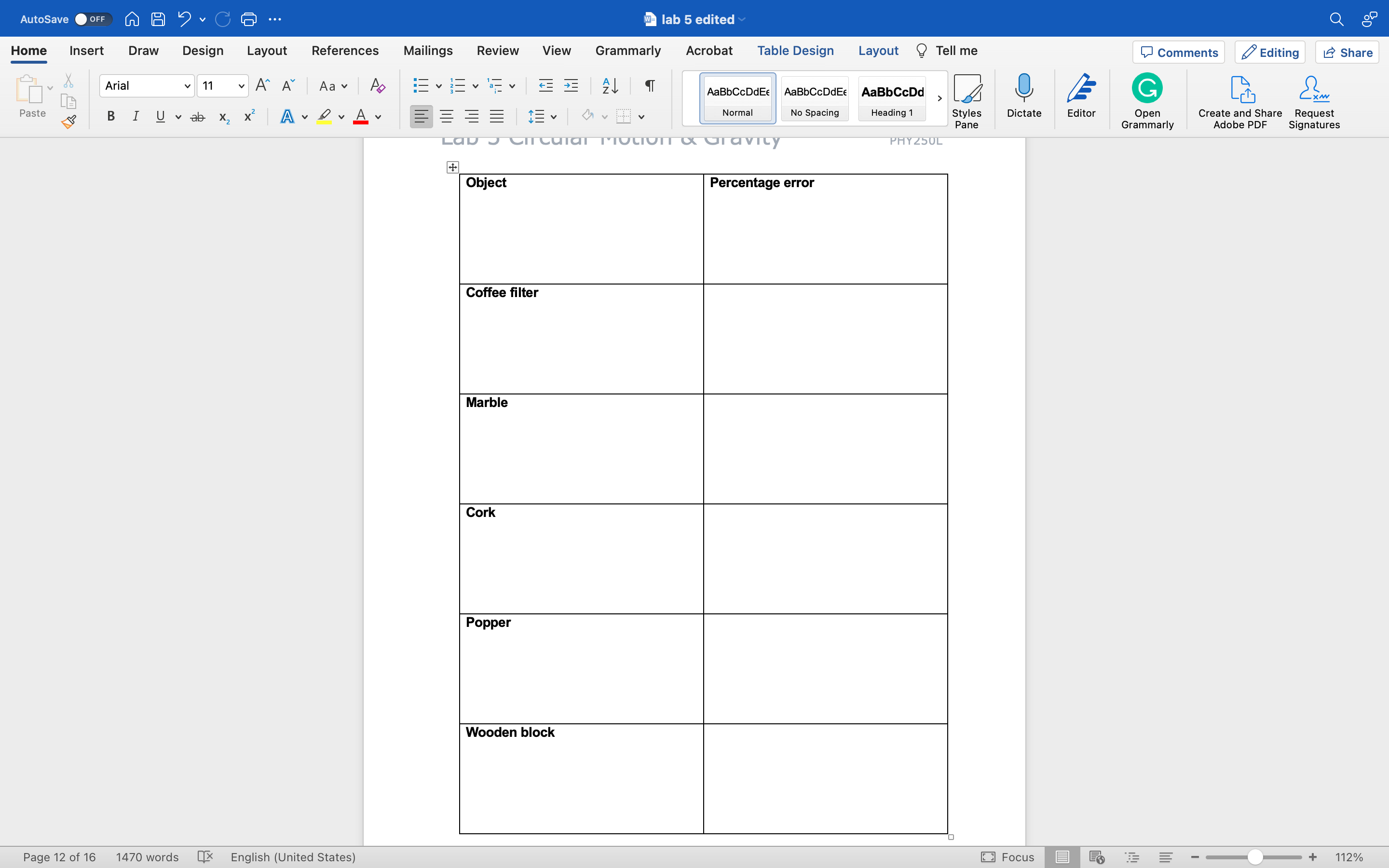 Home Insert Draw Design Layout References Mailings Review View Grammarly Acrobat Table