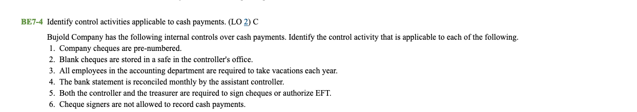 ---------------------------------------------- BE7-4 Identify control activities applicable to cash payments. (LO 2) C