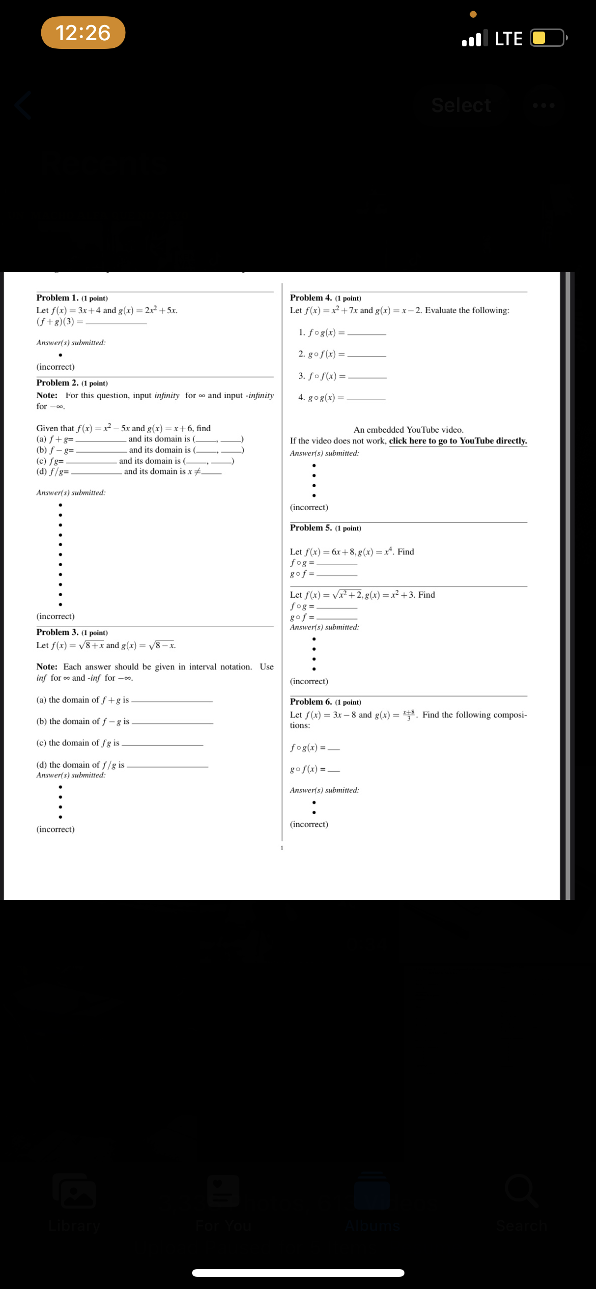 Let f(x) = x2 + 7x and g(x) = x -2. Evaluate