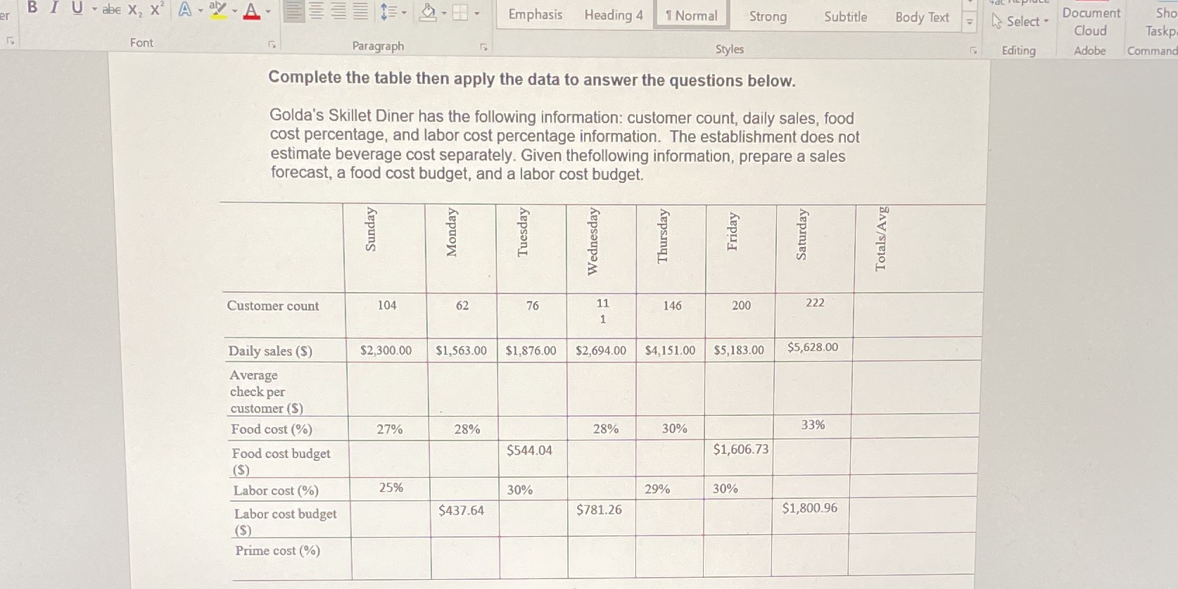 1) What is the total weekly customer count? (5pts)2) How much are