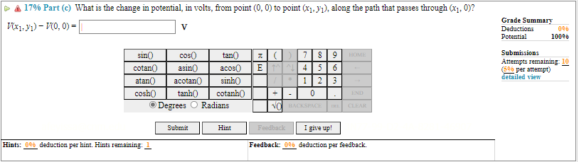 cotanh() + END O Degrees O Radians HACKSPACE CLEAR Submit Hint Feedback