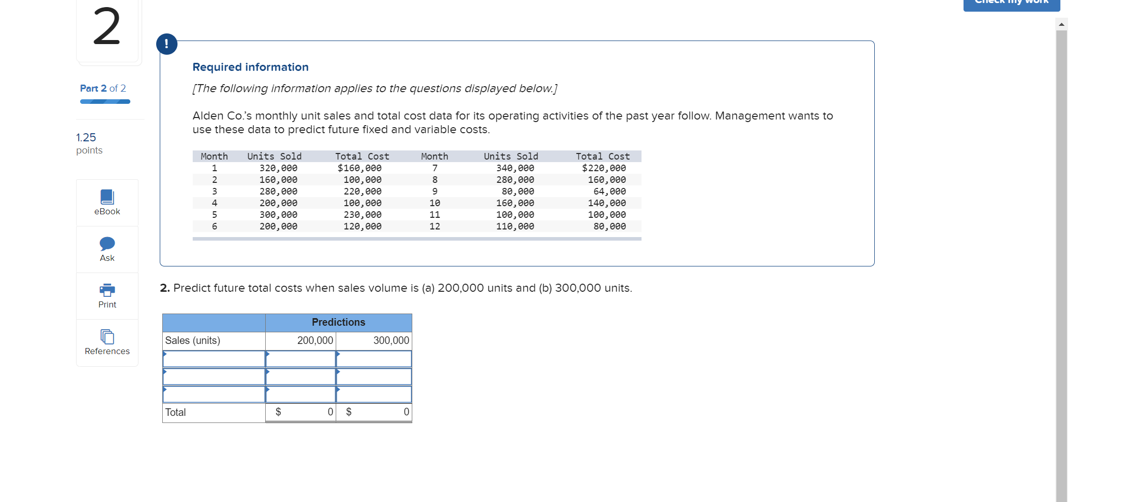 the questions displayed below] Alden Co.'s monthly unit sales and total cost