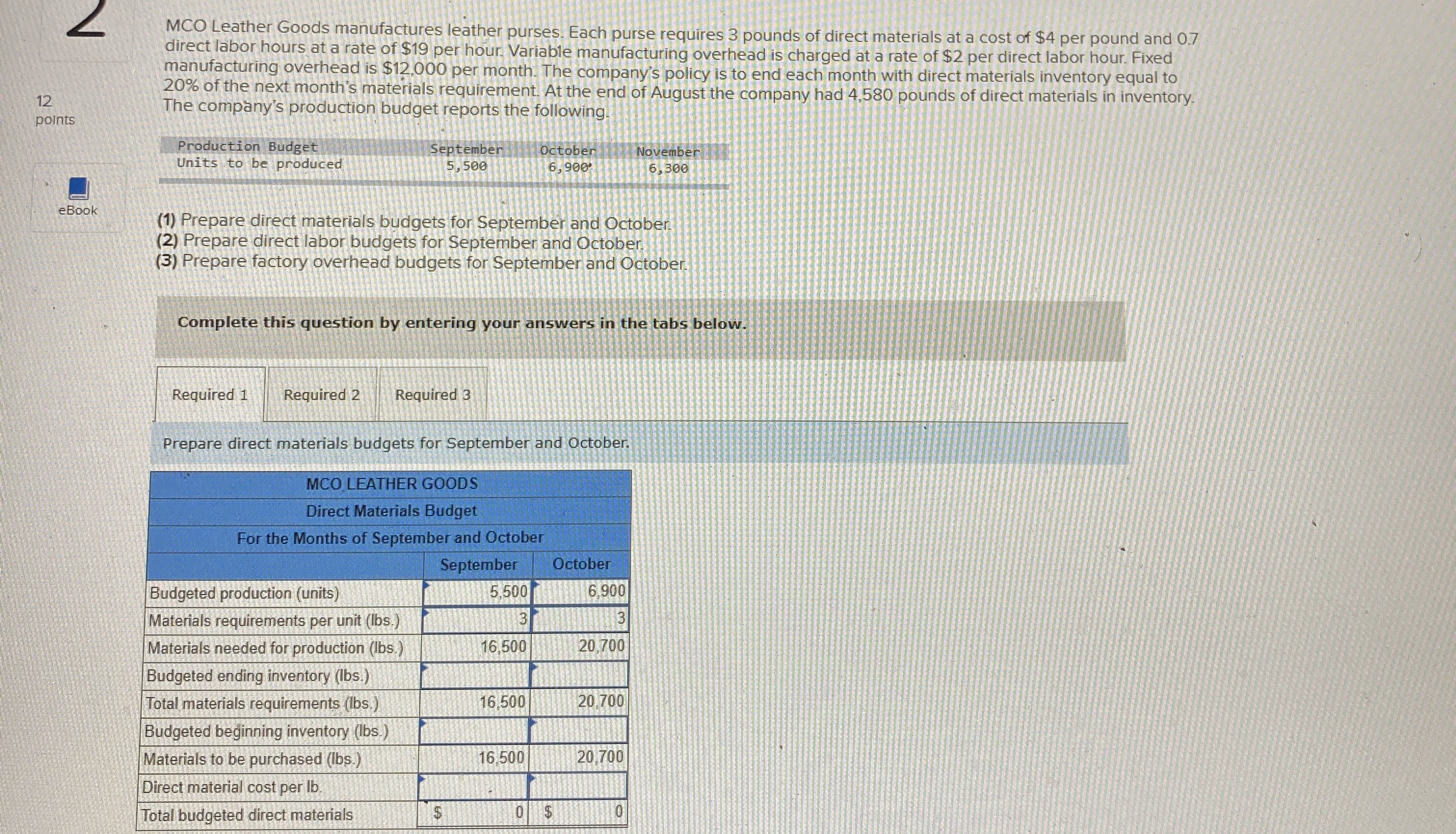 thank you for the help!! Exercise 20-12 Manufacturing: Preparing production budgets