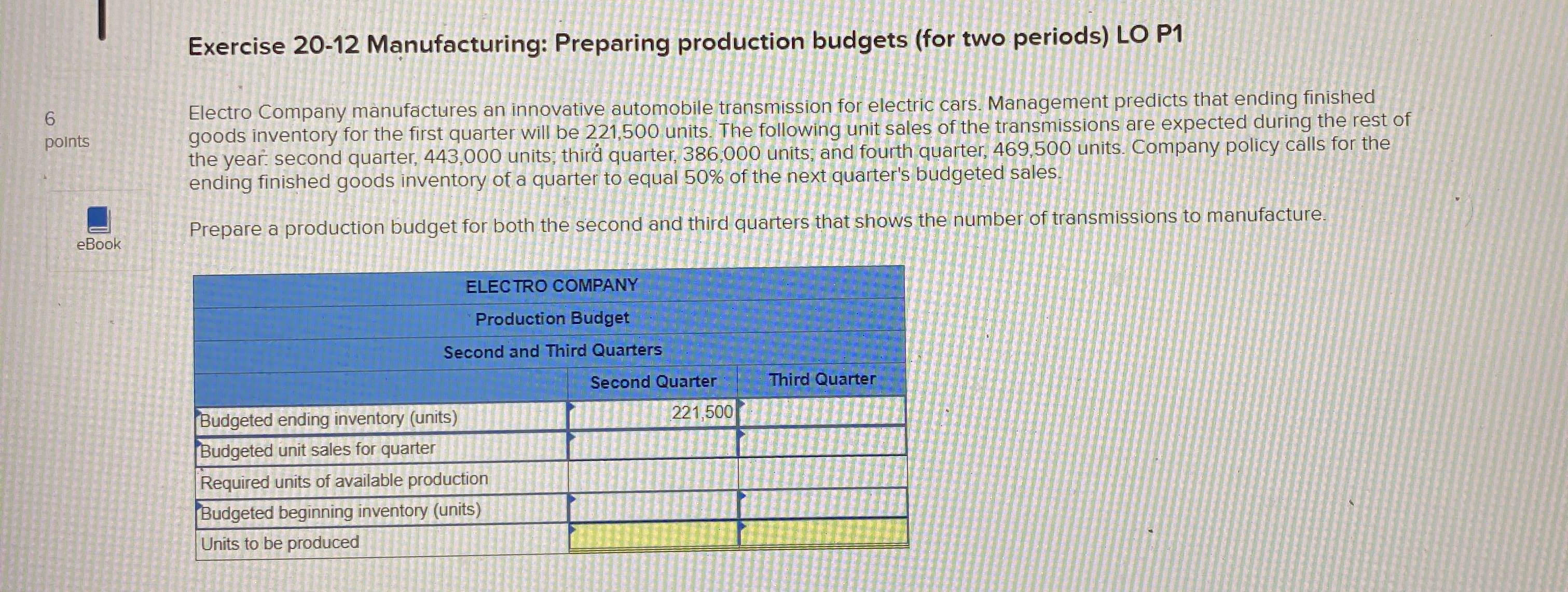 transmission for electric cars. Management predicts that ending finished points goods inventory