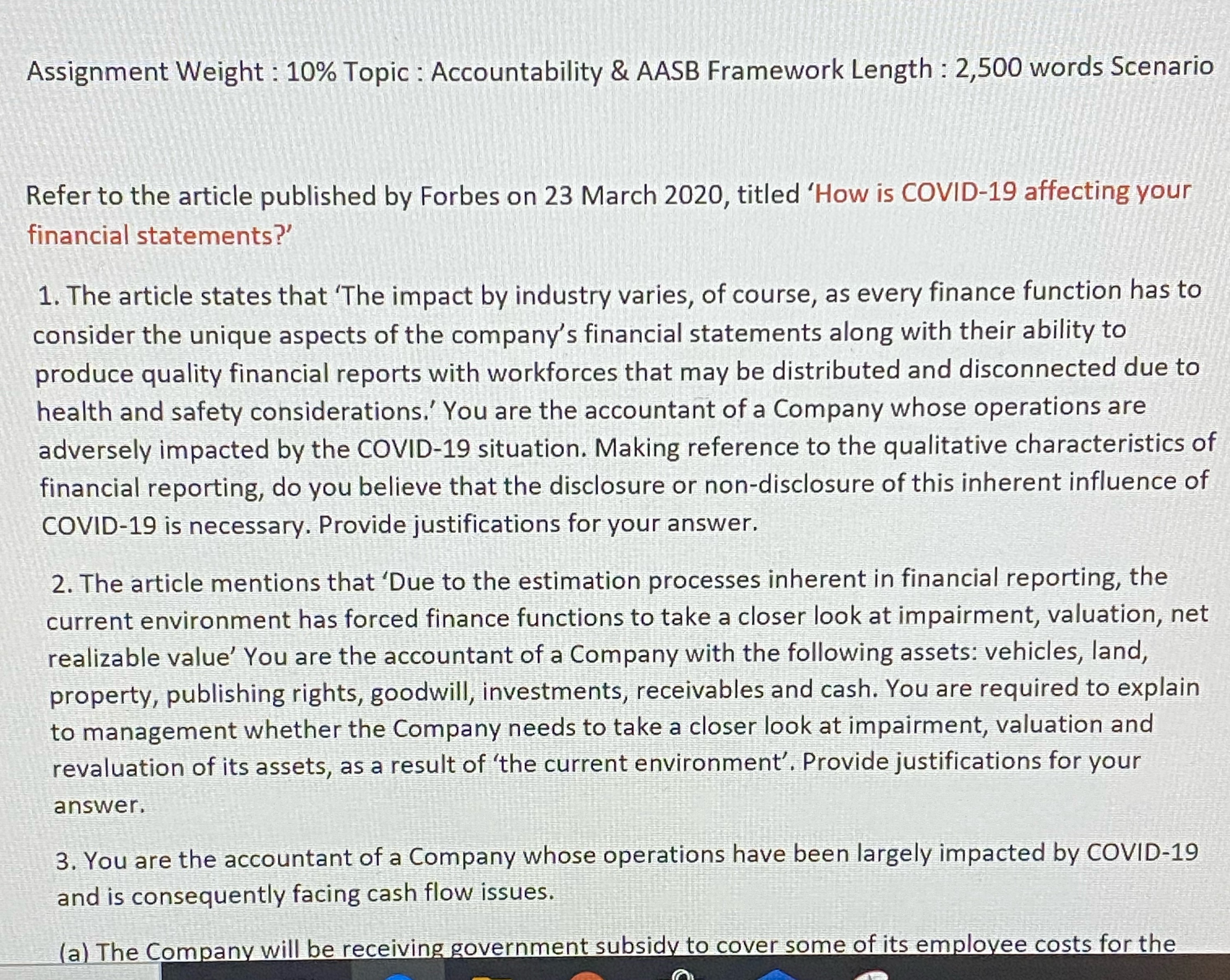 Company accounting Assignment Weight : 10% Topic : Accountability & AASB Framework