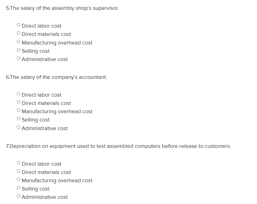 answer the following question Exercise 1-2 Classifying Manufacturing Costs [LO1-2] The