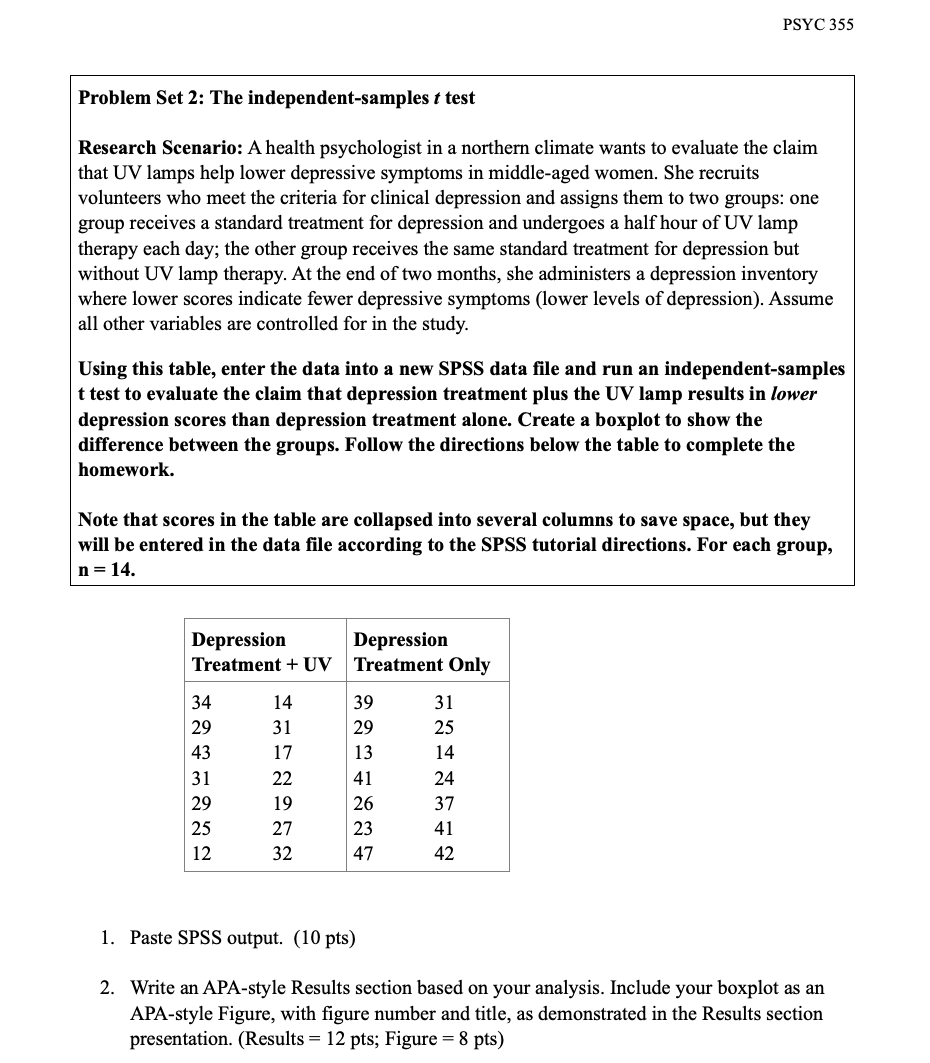 PSYC 355 Problem Set 2: The independentusamples r test Research Scenario: