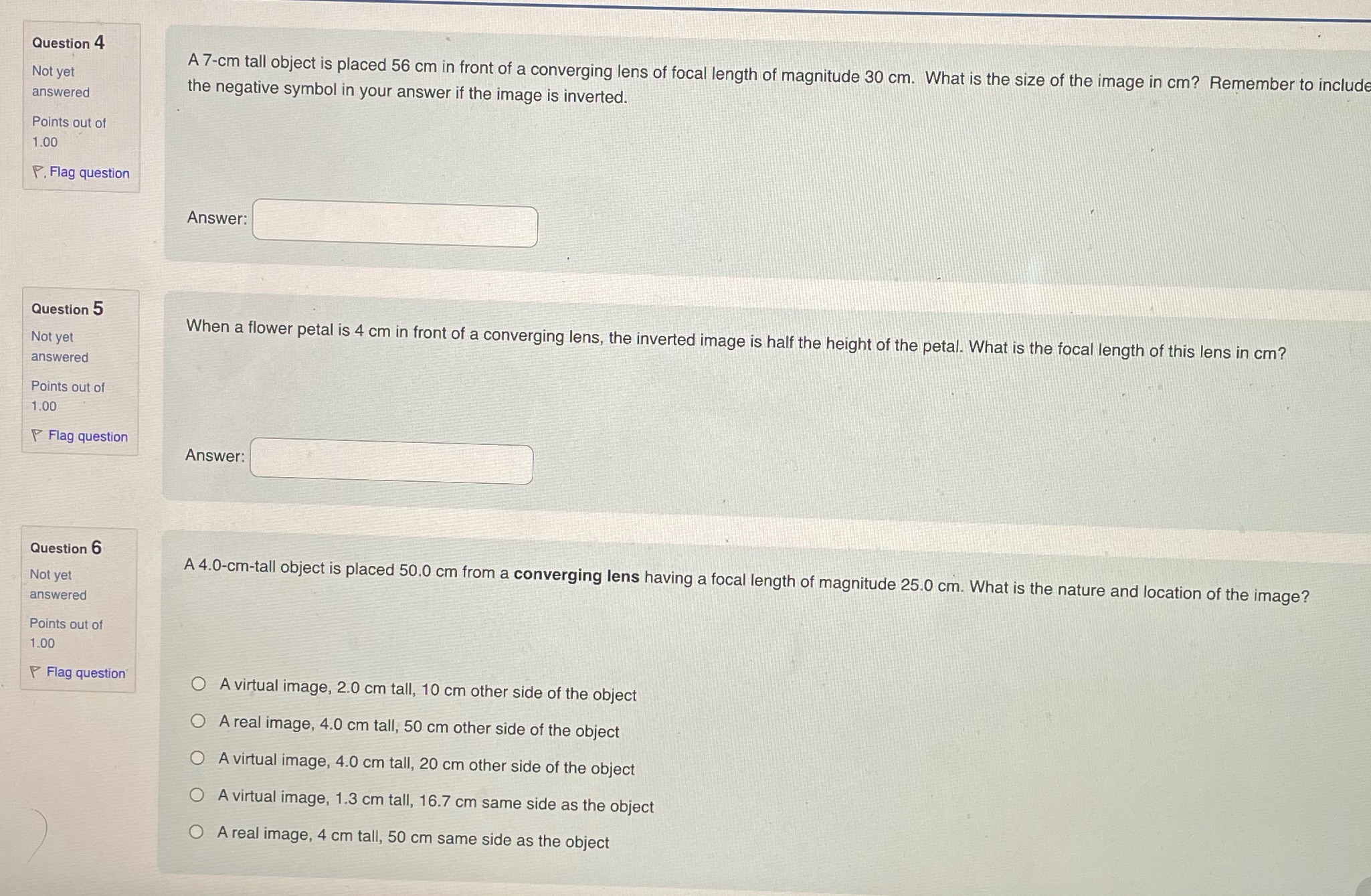 Please help 4-6 Question 4 A 7-cm tall object is placed 56