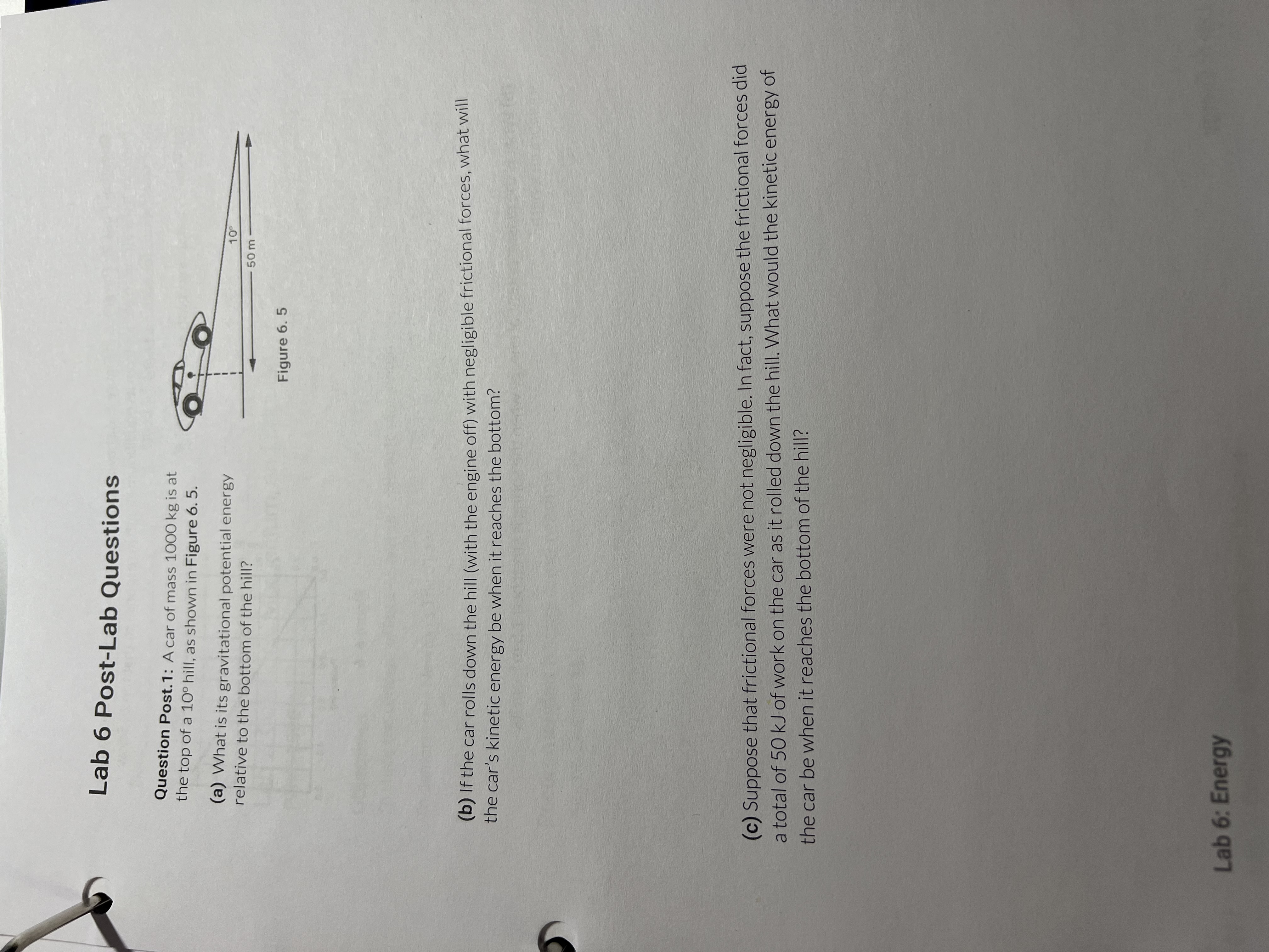 car of mass 1000 kg is at the top of a 10