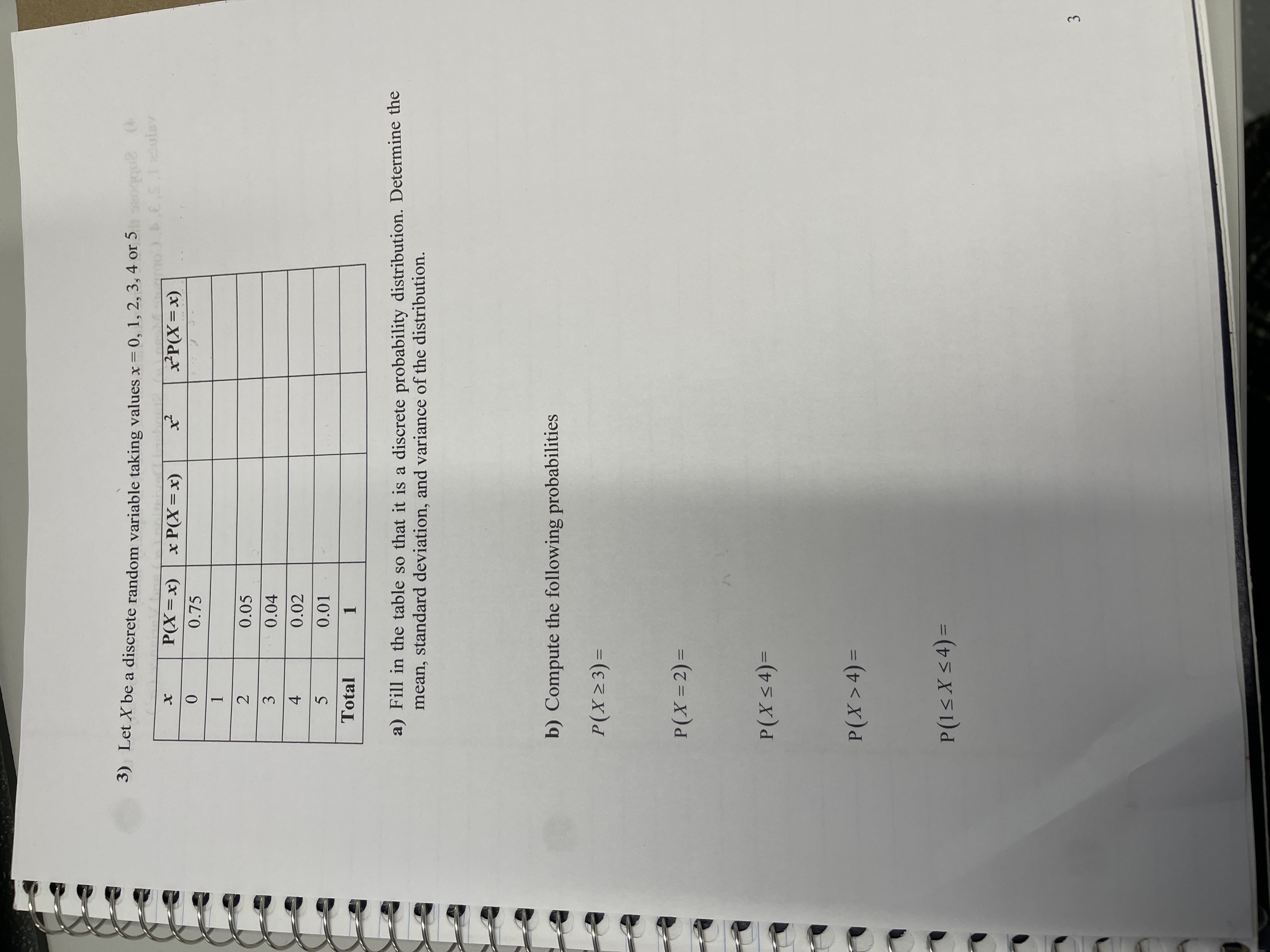  3) Let X be a discrete random variable taking values x