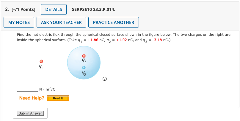inside the spherical surface. (Take q, = +1.86 nC, q, = +1.02