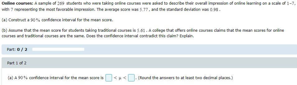 the standard deviation was 0.98 . (a) Construct a 90% confidence interval