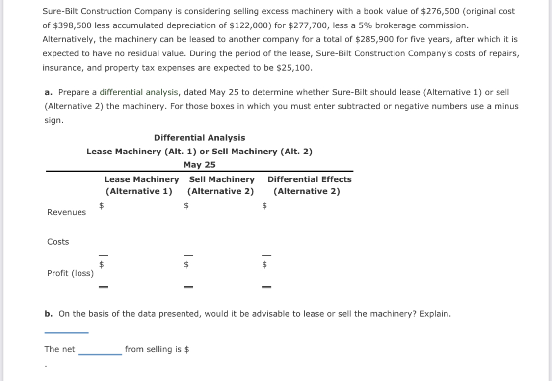 a.Prepare adifferential analysis, dated May 25 to determine whether Sure-Bilt should lease