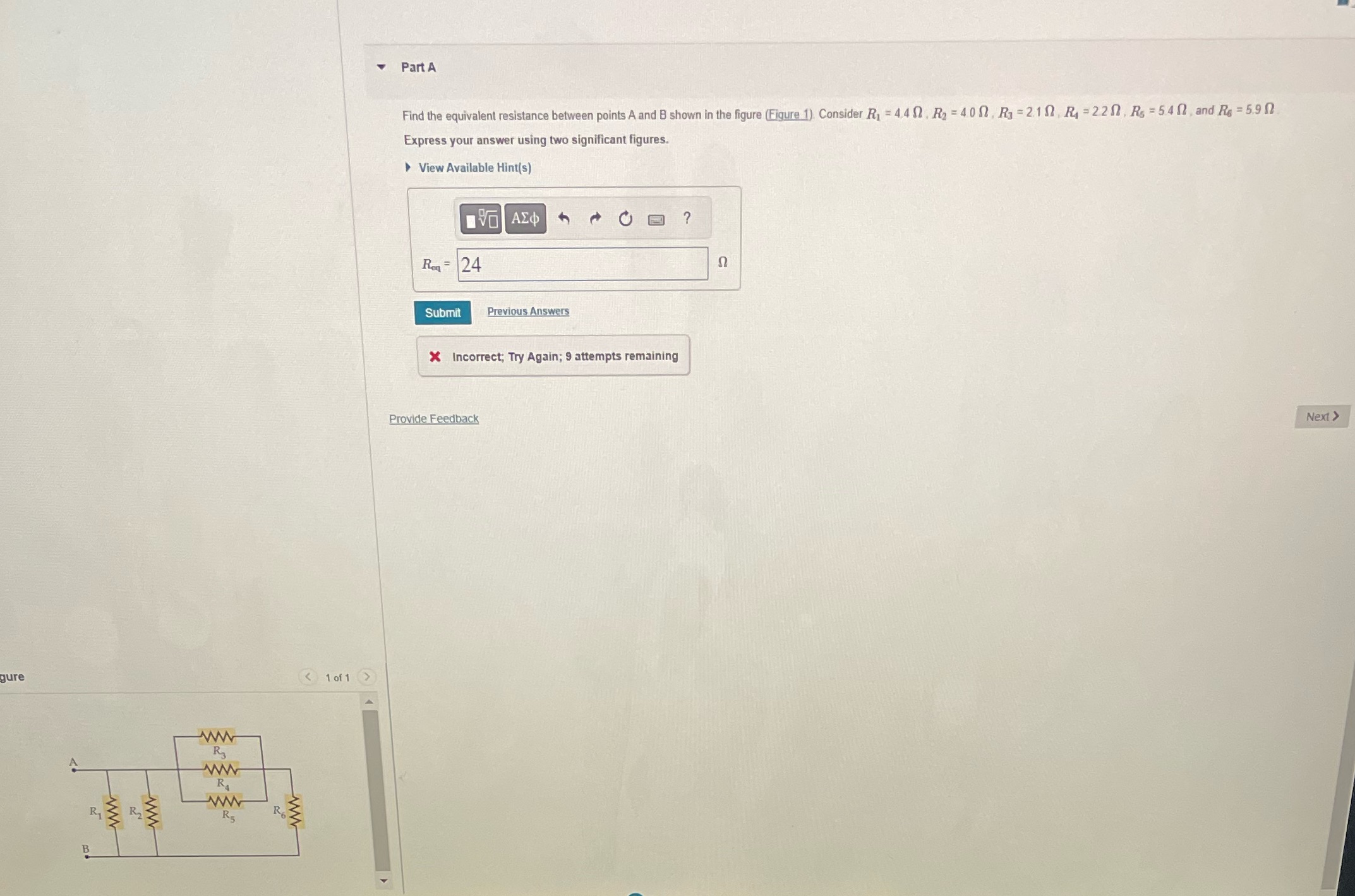  Part A Find the equivalent resistance between points A and B