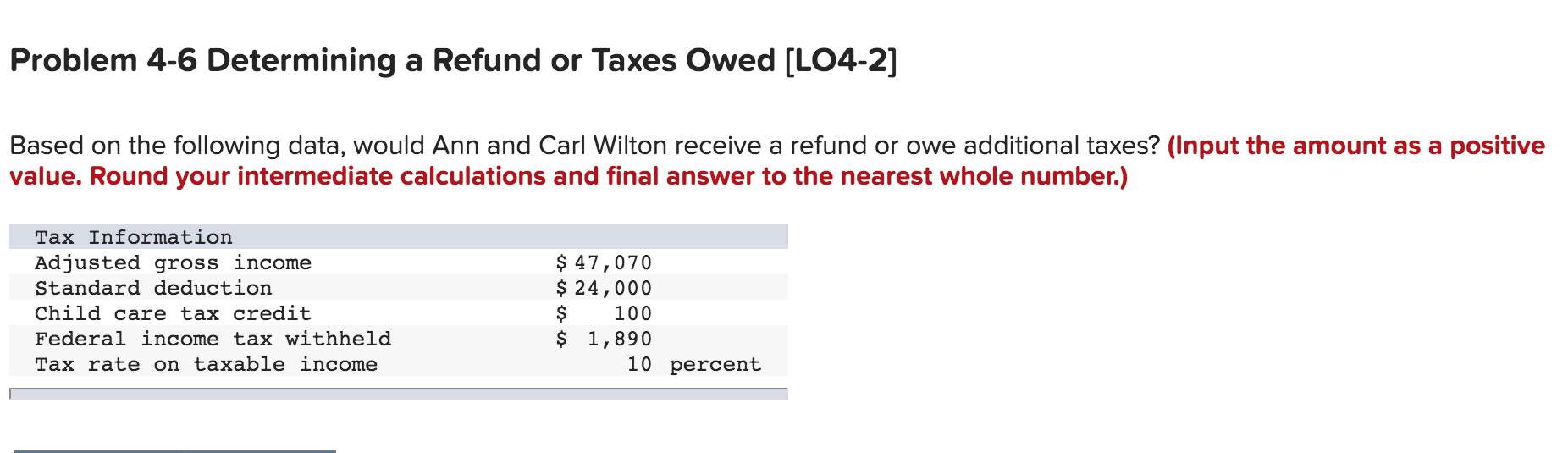 please help me Problem 46 Determining a Refund or Taxes Owed [LO4-2]