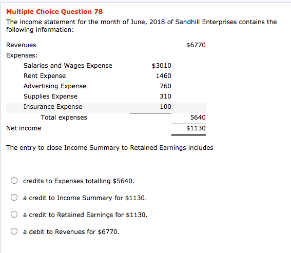 Multiple Choice Question 78 Multiple Choice Question 78 The income statement for