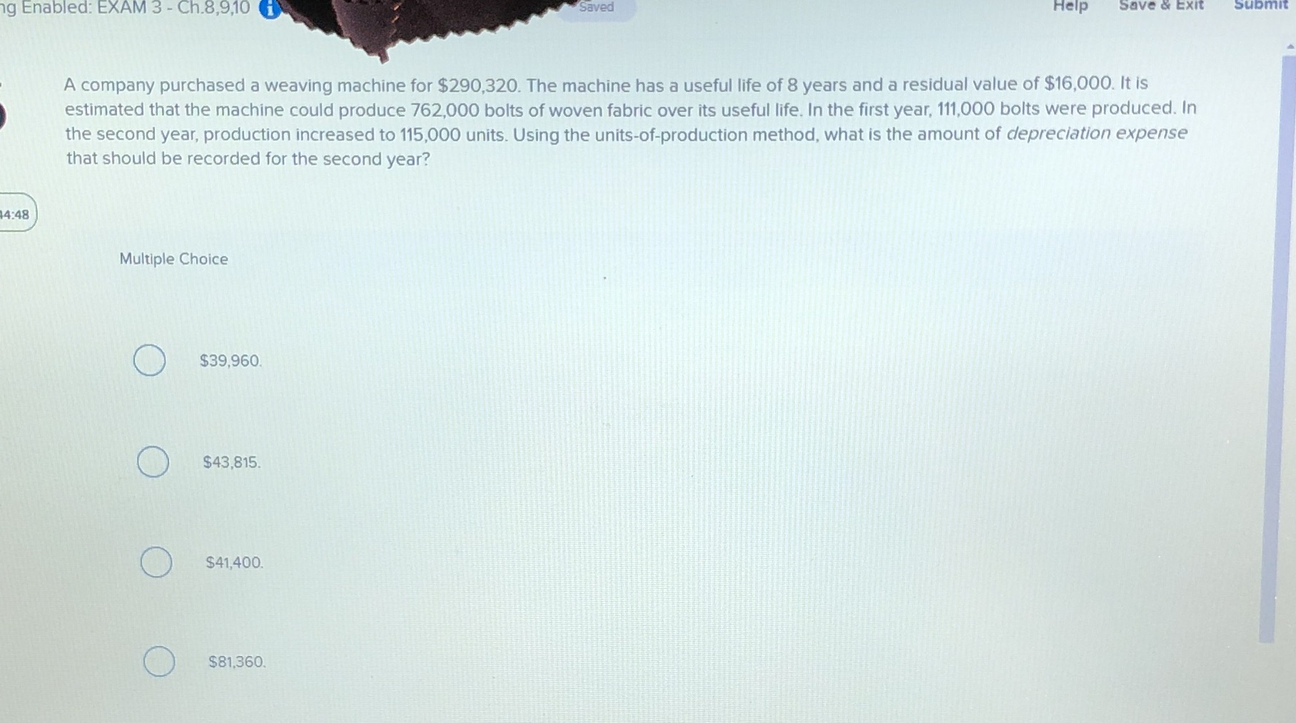 Submit A company purchased a weaving machine for $290,320. The machine has