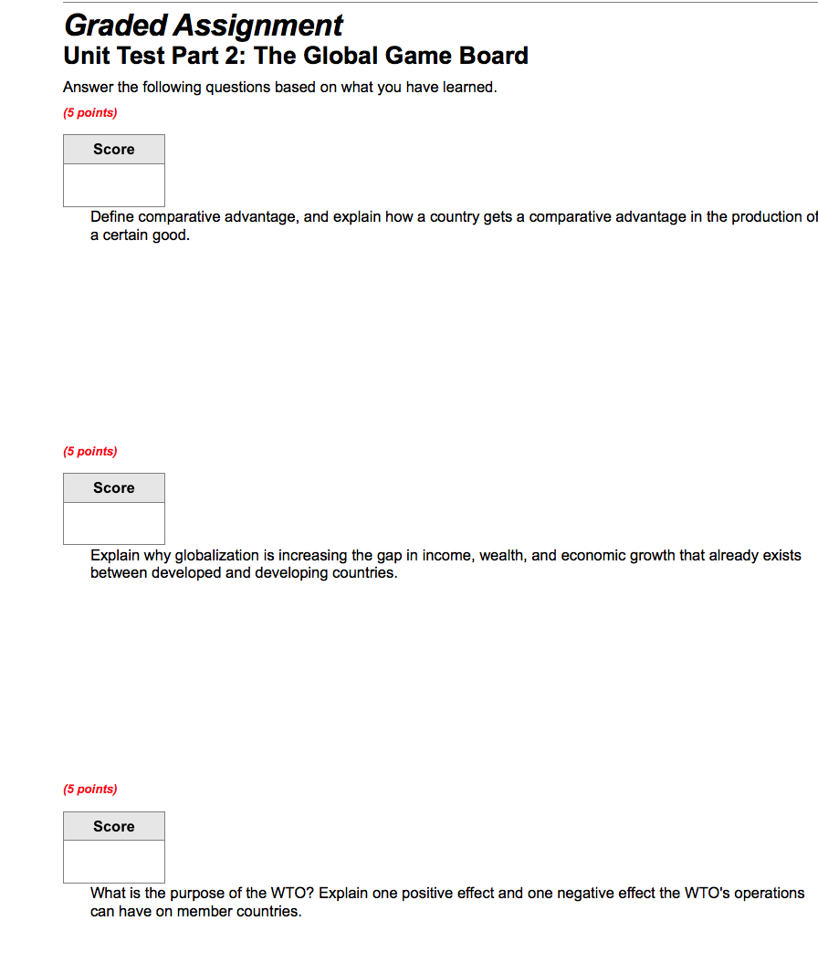  Graded Assignment Unit Test Part 2: The Global Game Board Answer