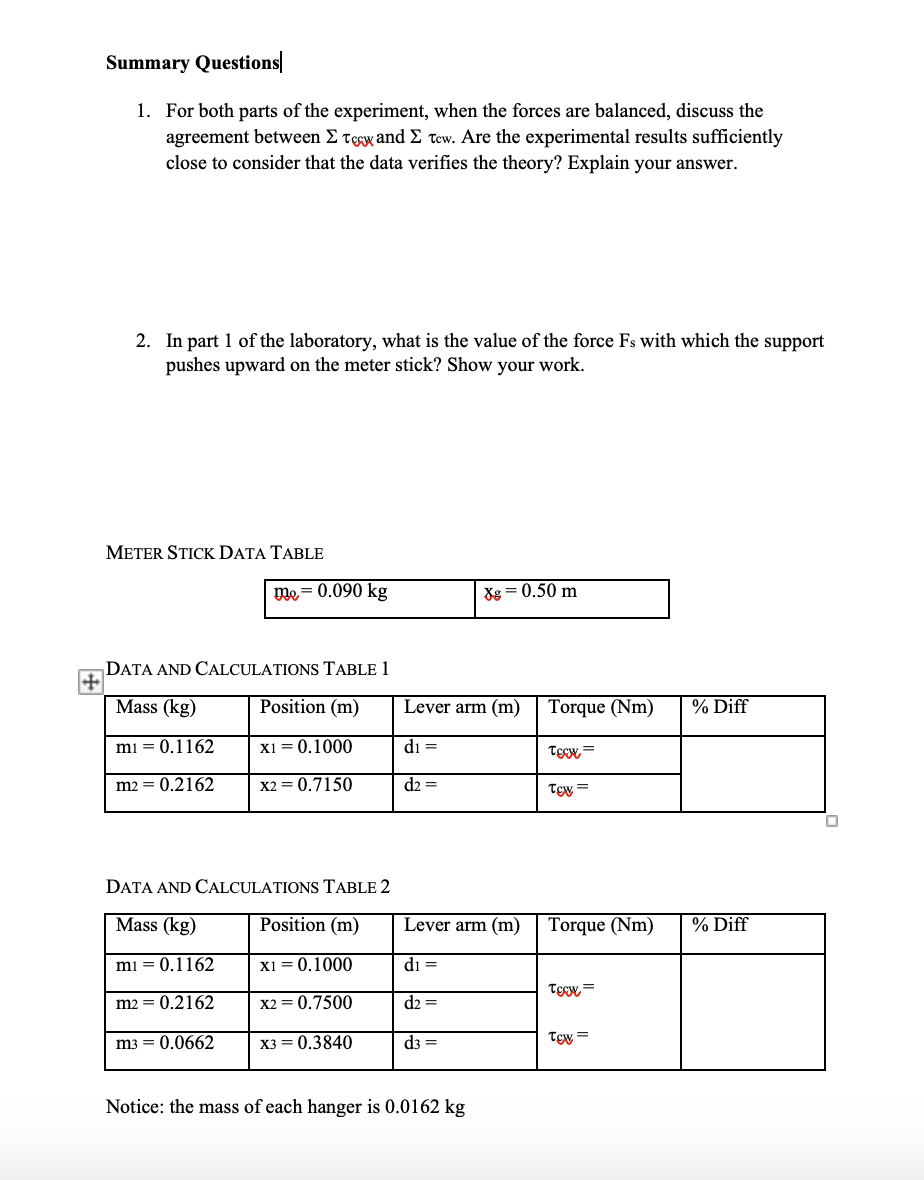 0.50 m. 1. With the meter stick supported at the equilibrium position