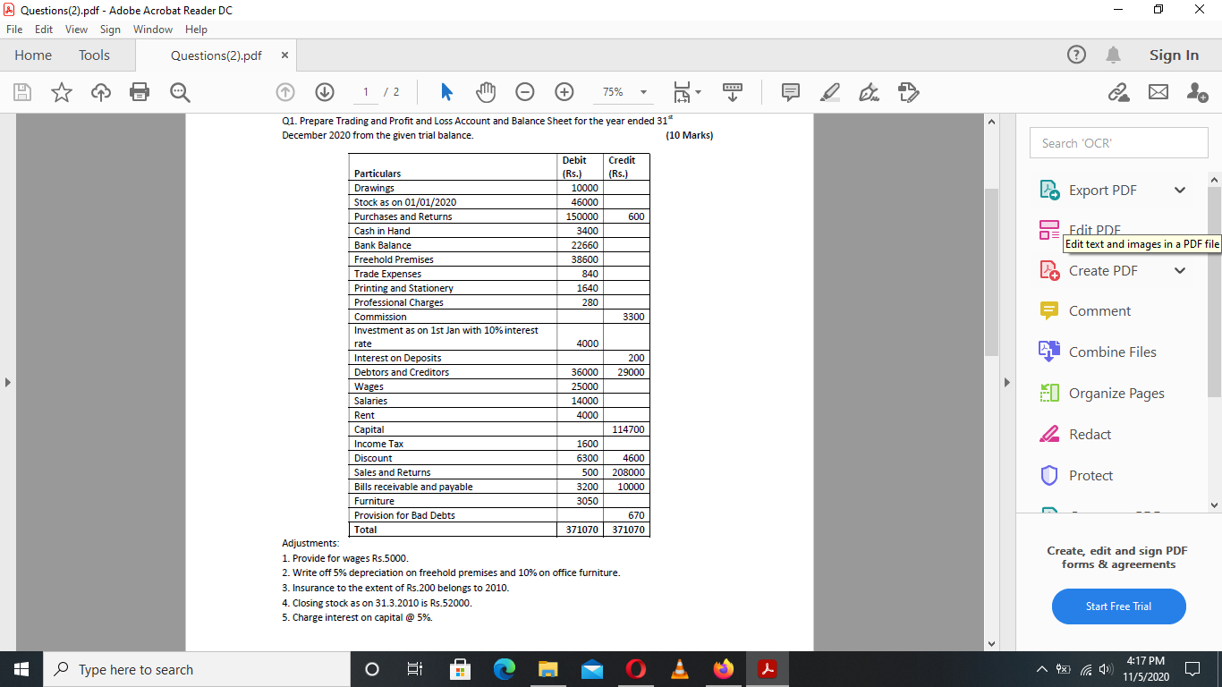 question is given below Questions(2).pdf - Adobe Acrobat Reader DC X File